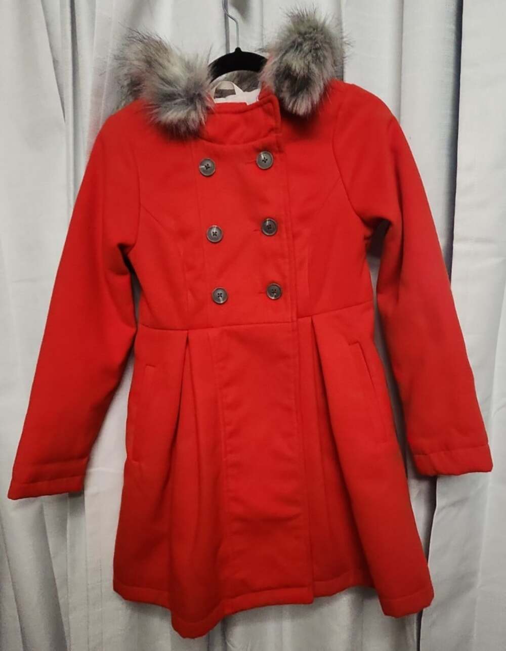 Cat & Jack Girls Size Large 10/12 Removable Fur Red Dress Coat With Hood